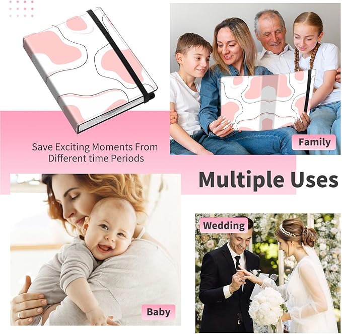 Photo Album 4x6-120 Photos Capacity,PU Leather Cover with Elastic Band,High Definition Waterproof PP Pages for Family Wedding Anniversary Baby Record,Pink cow