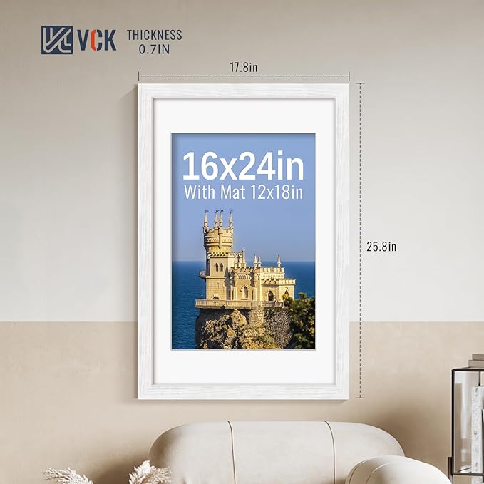 VCK 16x24 Picture Frames White Set of 5, Wide Border Wood, Display 12x18 Photo with Mat or 16 x 24 without, for Home, Office, Gallery, Woodgrain Series, Wall Hanging