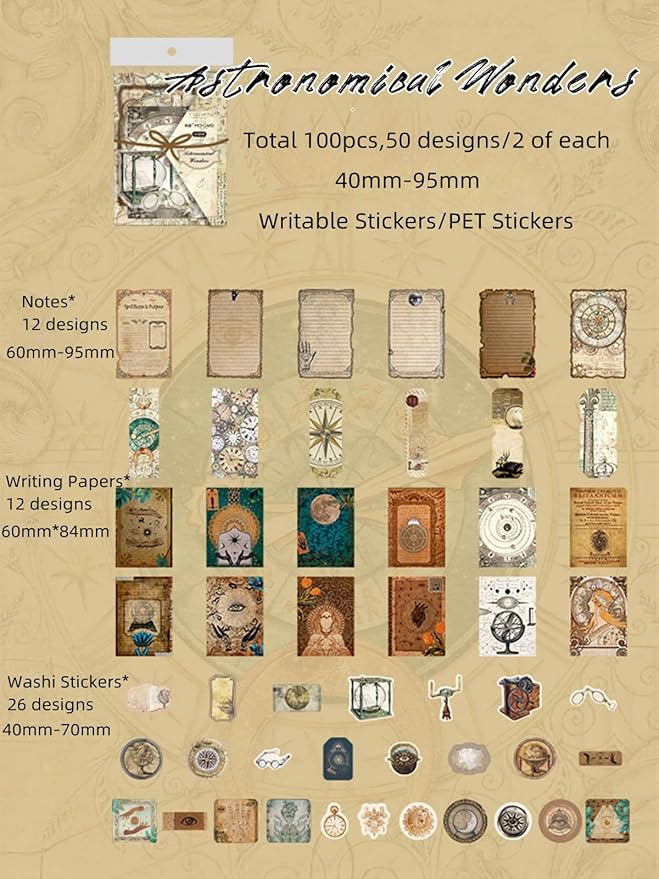 100PCS Vintage Journaling Scrapbooking Supplies Ephemera Pack for Junk Journal Bullet Journals Planners Decoupage Paper Scrapbook Stickers Aesthetic Cottagecore Collage Craft Album (Astronomy)
