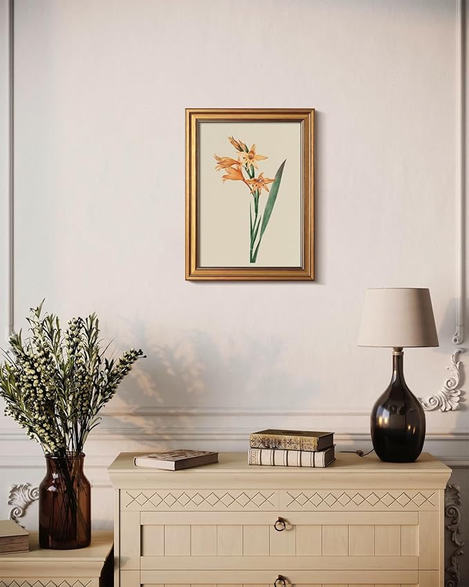 Bzstyleart Vintage Wall Art Decor for Living Room,Gladiolus Yellow Flower Wall Art Botanical,Vintage Floral Botanical Prints,Gold Framed Artwork Room Decor Aesthetic for Bedroom,12 x 16 Inch
