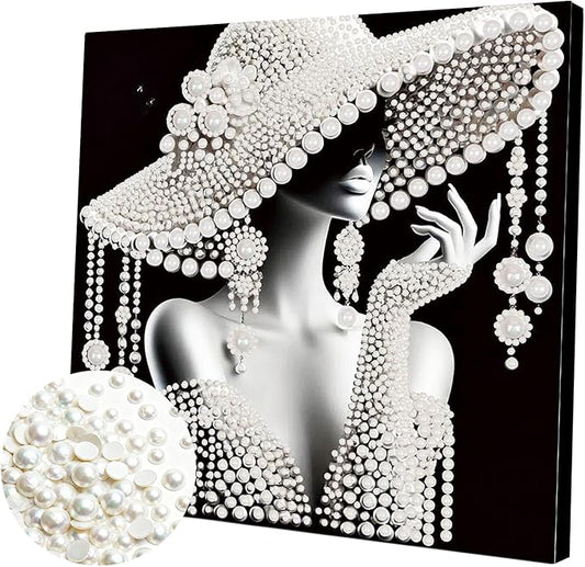 DIY Pearl Painting Kit with Wooden Frame, 3D Plastic Pearl Gemstone Ocean Art Craft for Adults Beginners, Diamond Art Kits for Adults, Home Wall Decor Ready Gift for Women(Hat Elegance)(30 * 30cm)