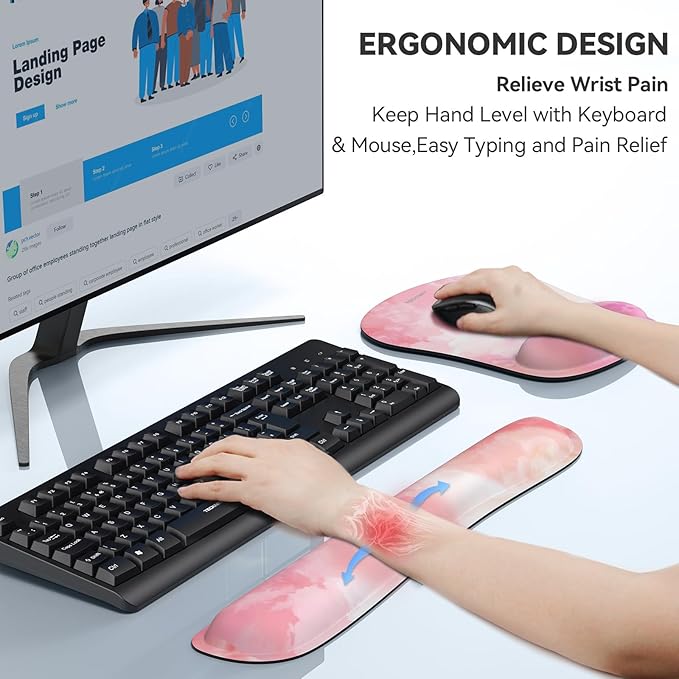 TECKNET Keyboard Wrist Rest and Mouse Pad with Wrist Support, Memory Foam Set for Computer/Laptop/Mac, Lightweight for Easy Typing & Pain Relief Ergonomic Mousepad (Pink Flower)