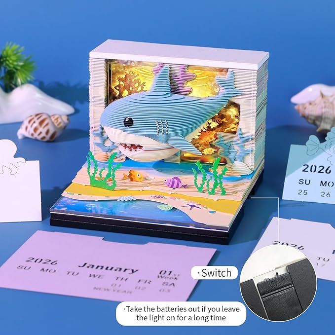 3D Time Piece Calendar 2026 3D Tear Away Art Memo Pad Notepad Desk Calendar with Light,3D Art Calendar Desktop Decoration Gift for Christmas (Ocean Shark)