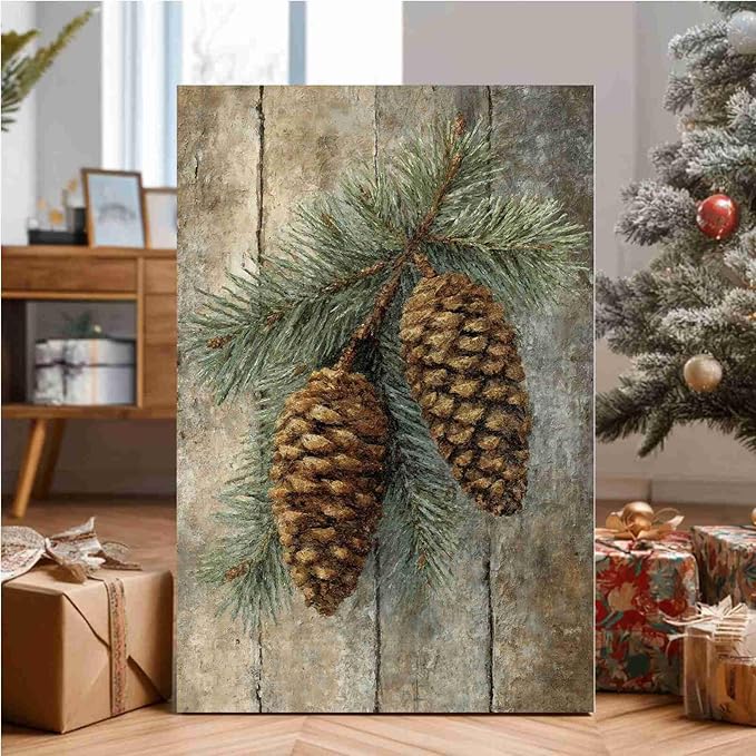 Vintage Christmas Canvas Painting Botanical Wall Art Nature Print Forest Decor Rustic Woodland Poste Holiday Evergreen Art Country Landscape Indoor Decor for Office Living Room Framed Ready to Hang