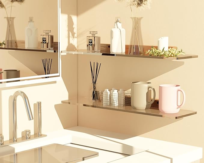 Acrylic Floating Shelves with Solid Wood Base, Wall Mounted Shelf for Plants, Perfume, Nail Polish, Bathroom, Bedroom & Living Room Décor