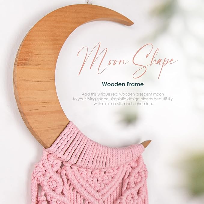 ANROYE Macrame Wall Hanging Boho Moon Decor, Bohemian Crescent Wooden Ornament with Long Tassel, Handmade Unique Wood Tapestry Home Decoration Wall Art Gift for Dorm Bedroom Nursery Living Room