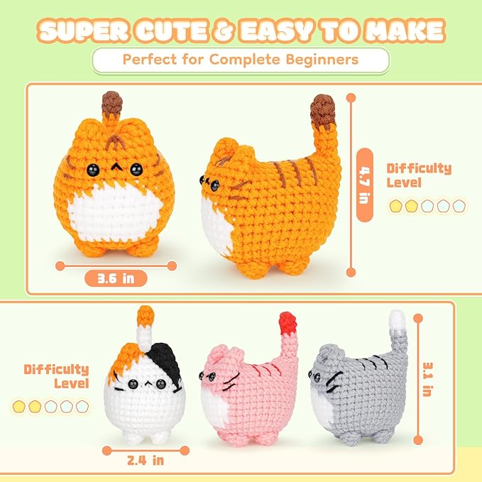 Crochet Kit for Beginners-4PCS Cat Crochet Kits for Adults, Crochet Starter Kit with Step-by-Step Video Tutorials, Crochet Animals Kits DIY Craft Knitting Kit Learn to Crochet Kits for Adults