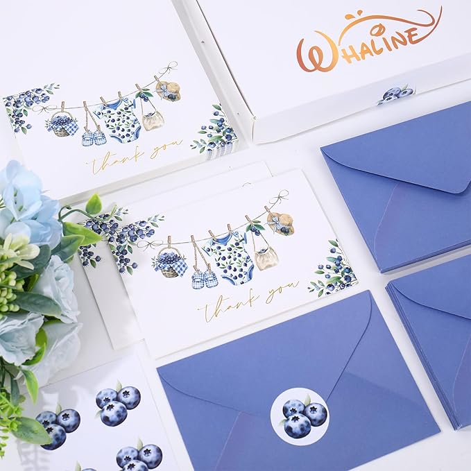 Whaline 50 Pcs Baby Shower Thank You Cards Greeting Cards with Envelopes Stickers Gold Foil Blue Berry Plaid Baby Cloth Blank Note Cards for Birthday Party Supplies, 4 x 6 Inch