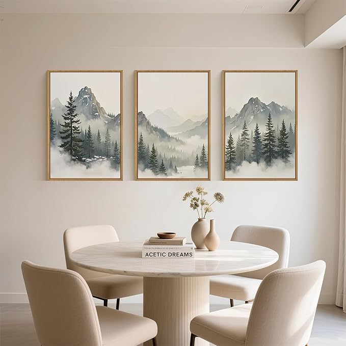 Large Nature Foggy Mountain Pine Trees Framed Canvas Wall Art, Misty Forest Landscape Wall Decor,Watercolor Woodland Scenery Artwork,Modern Art Print for Living Room, Bedroom, Office- 24"x36"x3