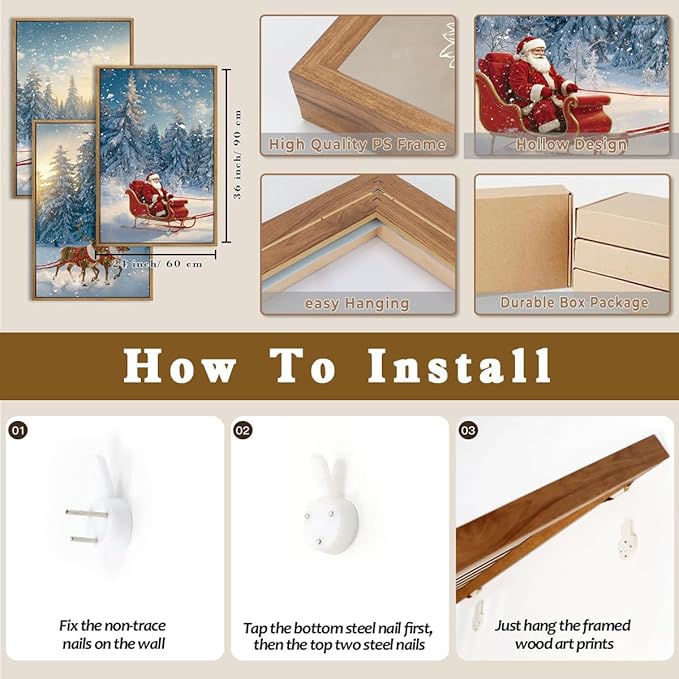 Framed Christmas Wall Art Santa Claus Wall Art Santa Winter Artwork for Living Room Bedroom Dining Room 24x36 Inches Set of 3