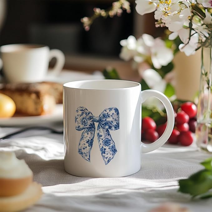 Chinoiserie Bow Coffee Tea Mugs, Coquette Grandmillennial Bows Ceramic Coffee Mug, Vintage Blue Coffee Cup, 11oz Ceramic Cup White