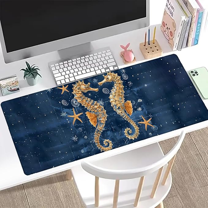 Elegant Seahorse Gaming Mouse Pad, Office Desk Mat, Anti-Slip Rubber Base Cool Aesthetic Mouse Pads for Computer Laptop Keyboard School Home Desktop Gamer Home Accessories Decor 31.5" x 11.8"
