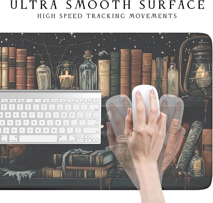 Mystic Grimoire Desk Mat - Black Cat on Bookshelf Large Mouse Pad- Gothic Library with Skull Bottles Extended Desk Pad- Dark Academia Starry Night XL Mouse Pad for Gaming Study Work 31.5 * 15.7in