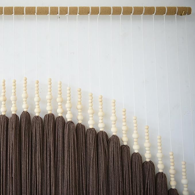 IOWER Macrame Wall Hanging Brown Yarn Wall Art Beaded Boho Wall Decor Round Tassel Handmade Home Wall Aesthetic Living Rooms Bedrooms Offices Home Decor 39" W x 55" L
