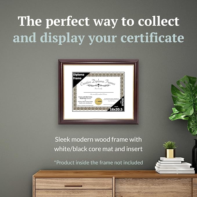 Creative Picture Frames 16x20.5 Mahogany Gold Rim Diploma Frame with White Mat Glass and Installed Wall Hangers | Frame Holds 18x22 Media without Mat