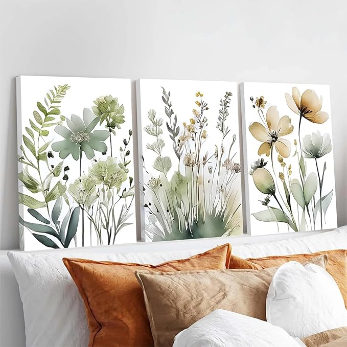 Framed Sage Green Botanical Wall Art Set of 3 Boho Floral Canvas Wall Decor Paintings Minimalist Flower Posters Prints Pictures for Bedroom Bathroom Living Room12x16 Inch