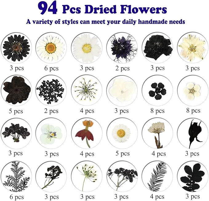 94 Pcs Black Pressed Dried Flowers for Resin Molds, Real Natural Flowers Leave for DIY Crafts, Jewelry, Candle, Soap Making Gifts