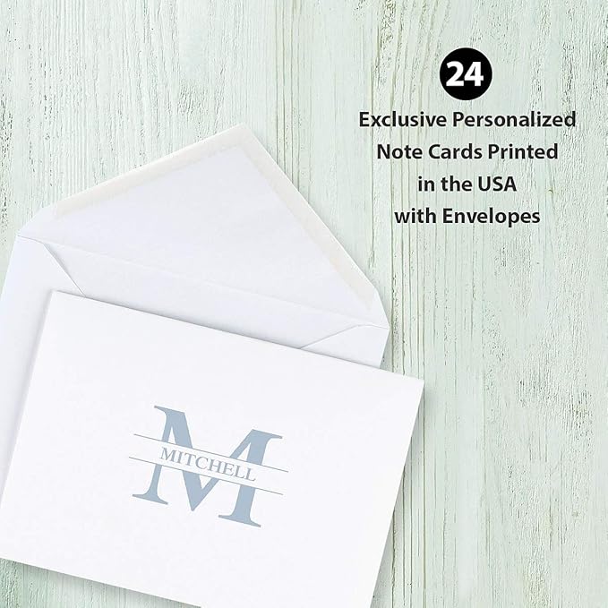 Personalized Tan Front & Center Initial Monogram Note Cards - 24 cards with envelopes, 4-1/4" x 5-1/2" blank inside, Add a Name, Thank you Card, Friendship Gift, Choose Color