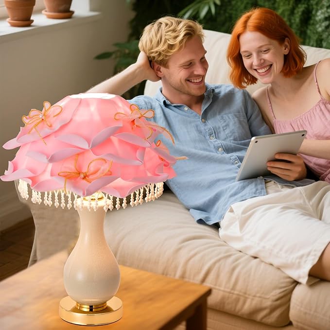 Pink Flower Lamp Nordic Rose Flower Table Lamp Modern Ceramic Nightstand Light Romantic Princess Bedside Lamp for Girl Wedding Valentines Christmas Gift Deco Bedroom Living Room Entry
