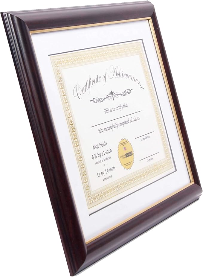 Creative Picture Frames 11x15 Mahogany Gold Rim Diploma Frame with White Mat Glass and Installed Wall Hangers | Frame Holds 16x20 Media without Mat