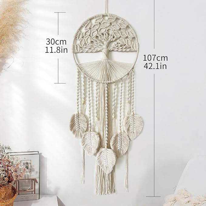 Large Tree of Life Dream Catchers, Macrame Wall Hanging Boho Handmade Woven Dream Catcher Macrame Wall Decor Art for Adults Boys Girls Bedroom Wedding Party Decor, Festival Blessing Gift（Light Beige）