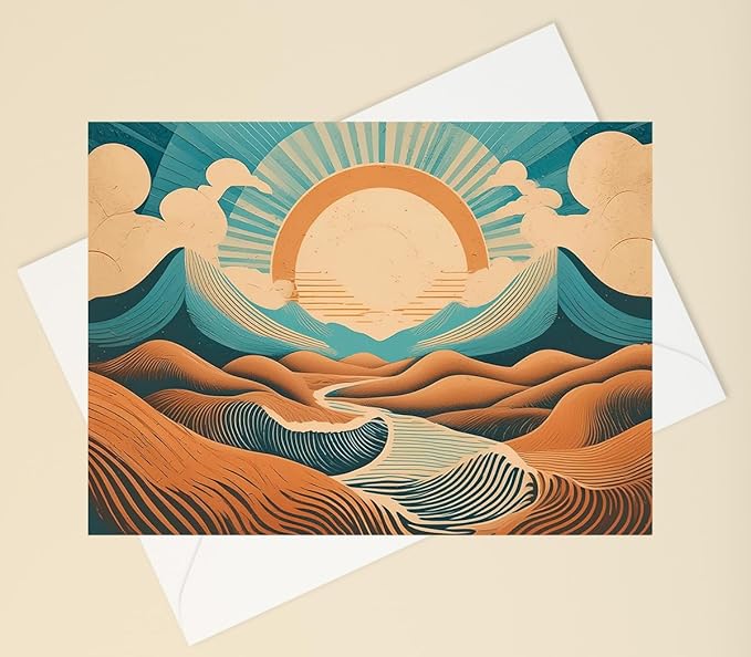 Abstract Southwestern Landscape Greeting Cards - Set of 10 All Occasion 5 x 7 Note Cards with Envelopes. Blank Inside. Modern Watercolor Designs of Desert, River and Mountains with Setting Sun