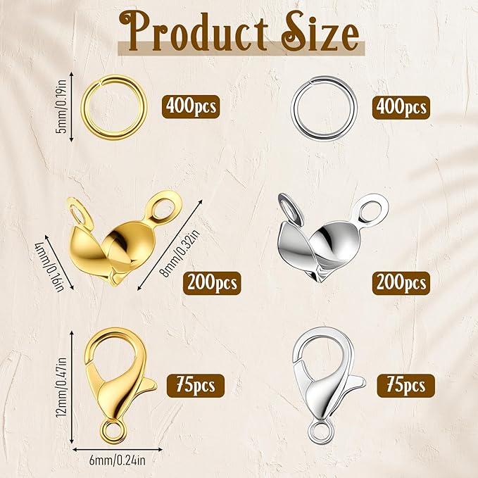 1350 Pcs Jewelry Making Accessories Set Jewelry Repair Kit jewelrys findings Includes Lobster Claw Clasps Bead Tips Knot Covers Open Jump Ring Connectors for DIY Jewelrys Making Gold & Silver