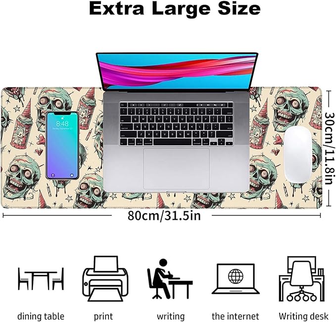 Zombie Horror Gaming Mouse Pad, Office Desk Mat, Anti-Slip Rubber Base Cool Aesthetic Mouse Pads for Computer Laptop Keyboard School Home Desktop Gamer Home Accessories Decor 31.5" x 11.8"