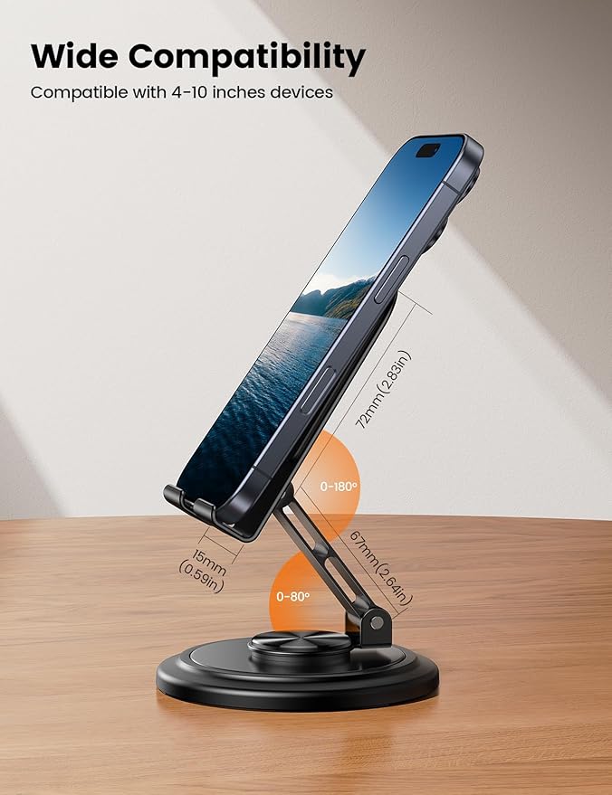 Lamicall Cell Phone Stand for Desk - [360° Rotation] Sturdy Adjustable Desktop Phone Holder, Foldable Mobile Stand, Office Desk Accessories for iPhone 17 16 15 14 Pro Max Air, Galaxy S25, Cellphones