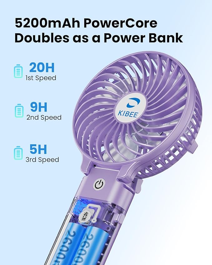 KIBEE Portable Handheld Fan - 5200mAh USB Rechargeable [20H Max Runtime] with Power Bank, Foldable 180° Mini Personal Fan, 3-Speed with Stand for Travel/Outdoor/Makeup/Concerts (Purple)