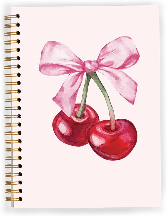 Coquette Pink Bow Cherry Notebook, Pink Girly Spiral Notebook 5.5x8.3, Preppy Aesthetic Journal for Women, Coquette Girly Office Supplies, Preppy Gifts for Women, Spiral Journal