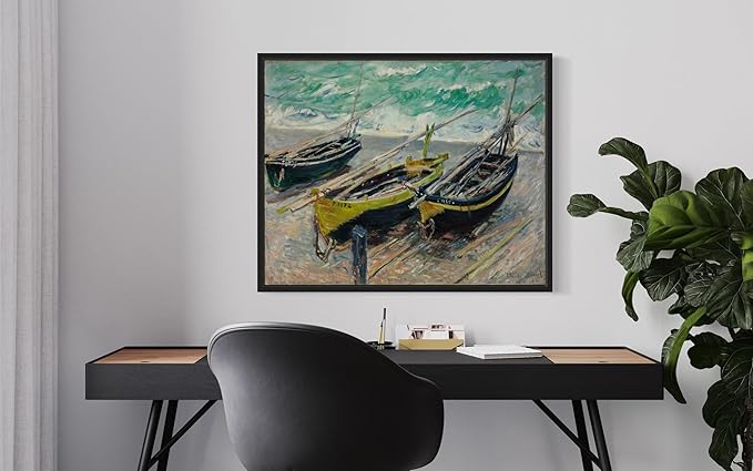 Three Fishing Boats Claude Monet Wall Art Print Poster, Impressionist Painting Wall Art Wall Decor, for Bedroom and Living room Bathroom Decor 115 (Three Fishing Boats, 16 x 20 inches, Black Frame)