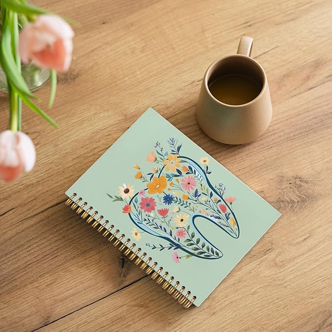 WUCHJ Dentist Gifts Notebook Journal, Dental Assistant Office Gifts for Women, Green Floral Tooth Dental Spiral Notebook Journal for Note Taking, Dentist Office Supplies, 5.5x8.3 Inch