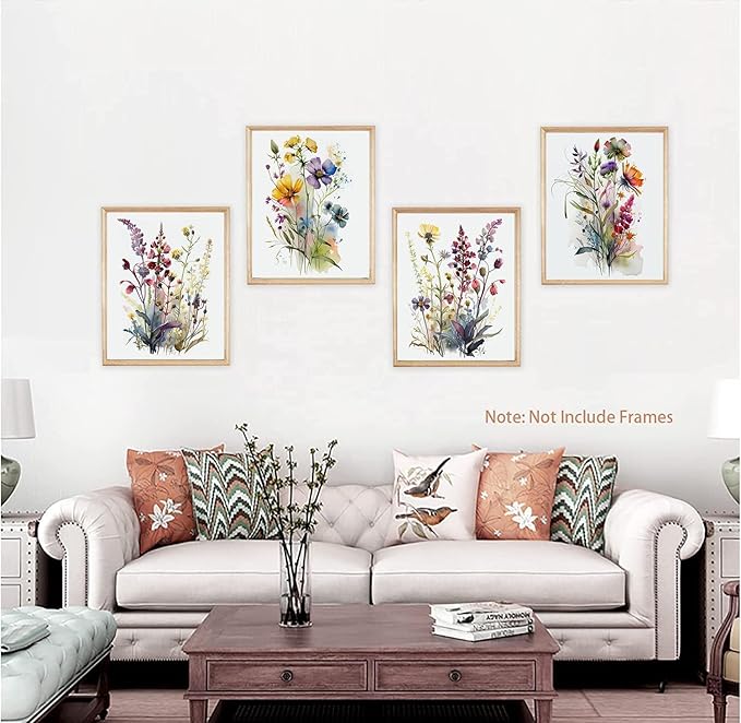 Colorful Wildflower Art,Watercolor Minimalist Wildflowers Art Print,Modern Botanical Plant Leaves Canvas Wall art,Blooming Flower Artwork for Garden Farmhouse Decor (Set of 6) - Unframed - 8X10 inch
