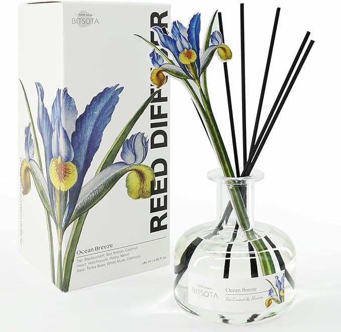 Reed Diffuser Set, Aroma Scented Diffuser with Sticks Home Fragrance Reed Diffuser for Bathroom Shelf Decor, Ideal Gift for Woman (9.85oz (280ml), Ocean Breeze)