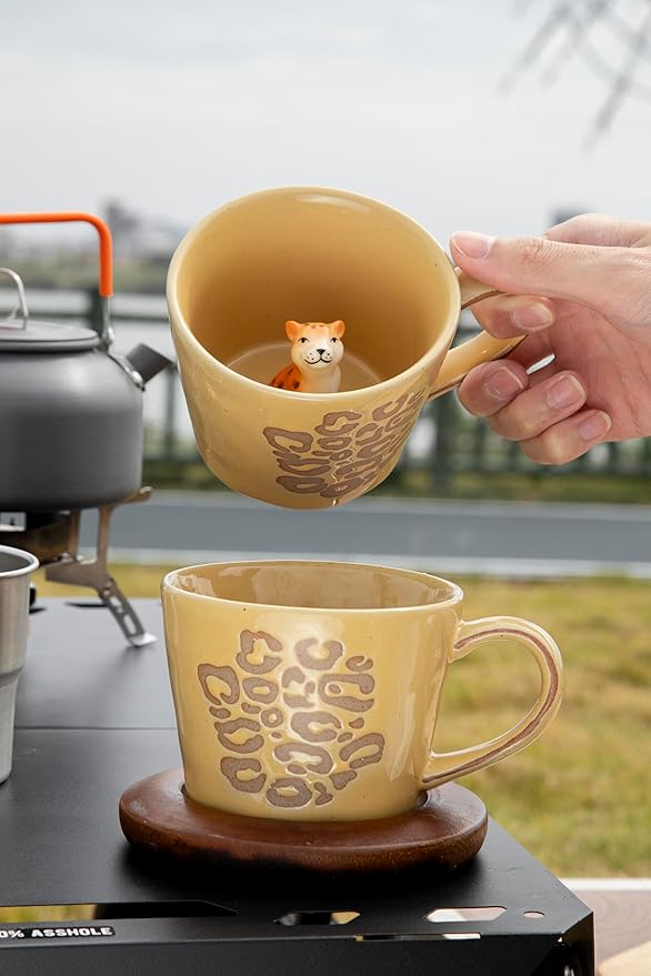 DIHOclub Leopard Coffee Cup Ceramic 3D Wild Animal Inside Mug,Cute Cartoon Handmade Figurine Mugs,Holiday and Birthday Gift for Coffee Milk Tea Lovers,12 OZ (Yellow Leopard)