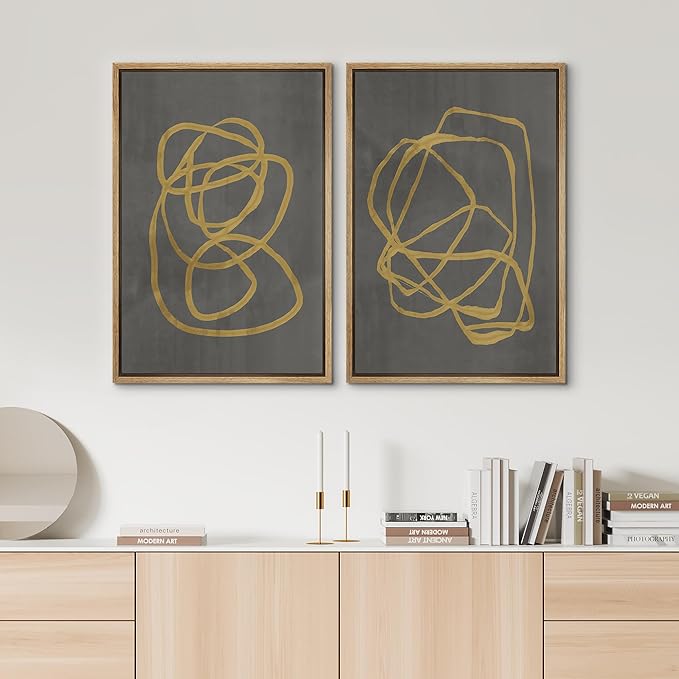 SIGNWIN Framed Canvas Print Wall Art Set Mid-Century Yellow Gray Polygon Collage Abstract Shapes Cozy Neutral Modern Minimalism Decorative Nordic for Living Room, Bedroom, Office - 16"x24"x2 Natural
