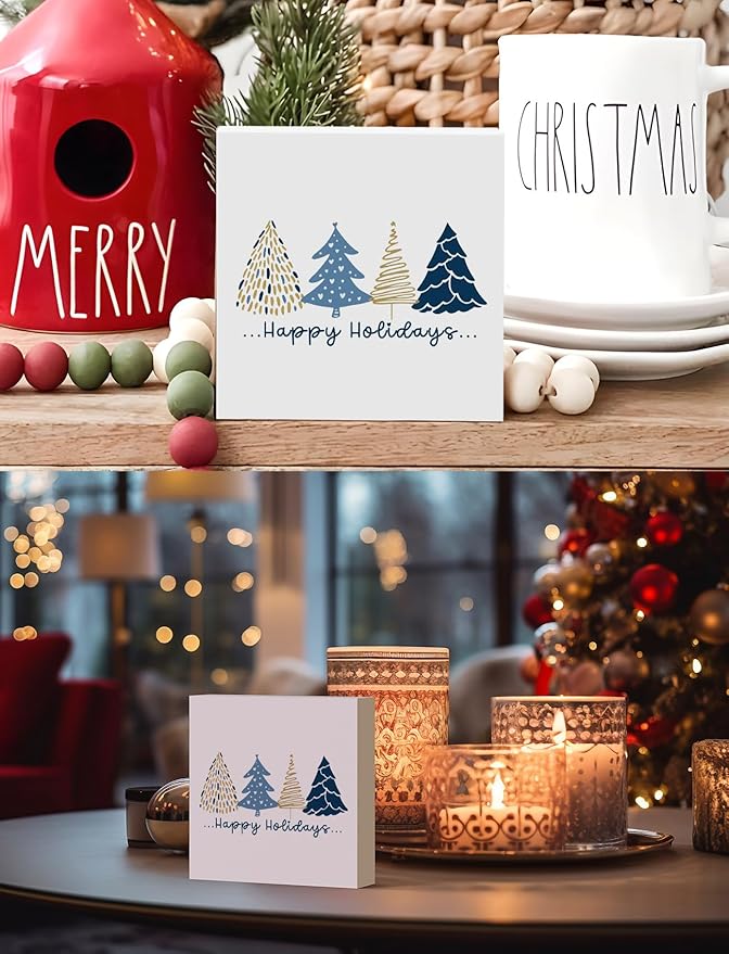 Navy Blue and Gold Christmas Tree Wooden Box Sign, Preppy Christmas Desk Decor, Minimalist Xmas Tree Winter Happy Holiday Wood Signs for Home Office Desk Shelf Tabletop Decor, 5x5 Inch Decorative Signage
