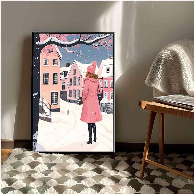 Framed Canvas Wall Art serene winter scene in a quaint village art print Christmas snow cosy winter's day 16x24in Metal blackFramed