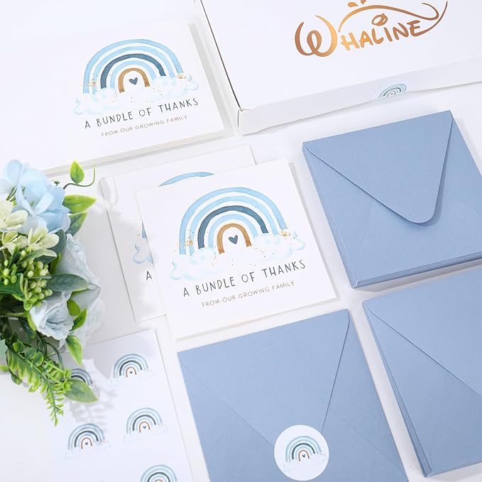Whaline 50 Pack Blue Rainbow Thank You Cards Boxed 5 x 5 Inch A Bundle of Thanks From Our Growing Family Note Cards with Envelope Sticker Greeting Blank Card for Birthday Baby Shower