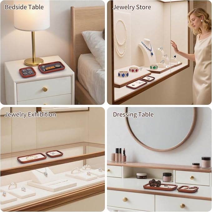 Wooden Jewelry Display Tray Rounded Rectangle Ring Showcase Stackable Elegant Bracelet Watch Jewelry Organizer for Personal Use and Commerce (Old Lace, Large-W 7'' x H 0.6'' x L 7.9'')