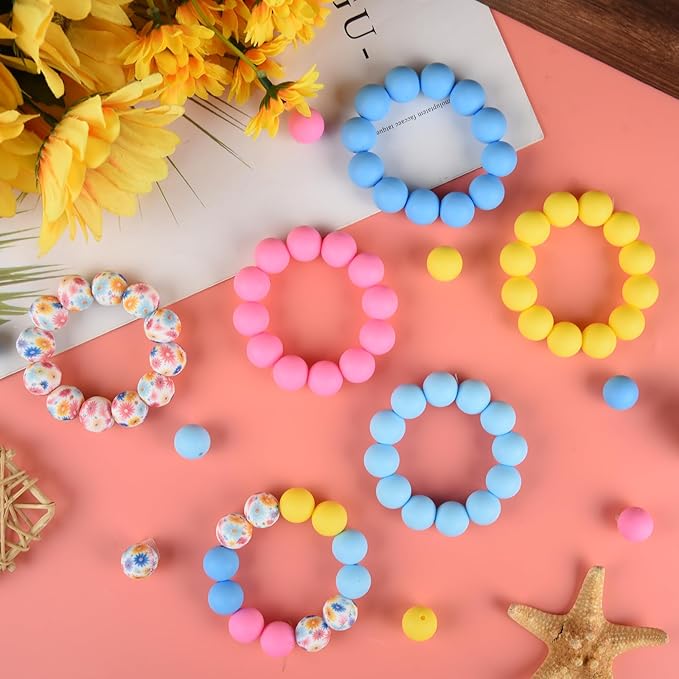 ASTARON 100 Pcs 15mm Silicone Beads for Keychain Making,Yellow Pink Blue Round Beads for Bracelets Crafts Beadable Pens Decorations Jewelry Making Party Favors Supplies