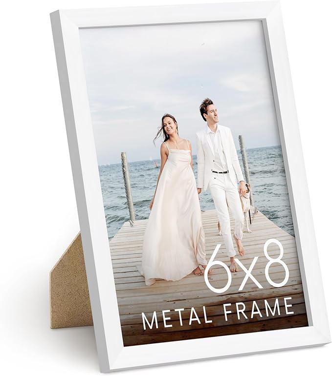 HAUS AND HUES 6x8 White Aluminum Picture Frame - Vertical Hanging, Easel Back for Tabletop, Shatterproof Plexiglass (6x8 in, White, Set of 1)