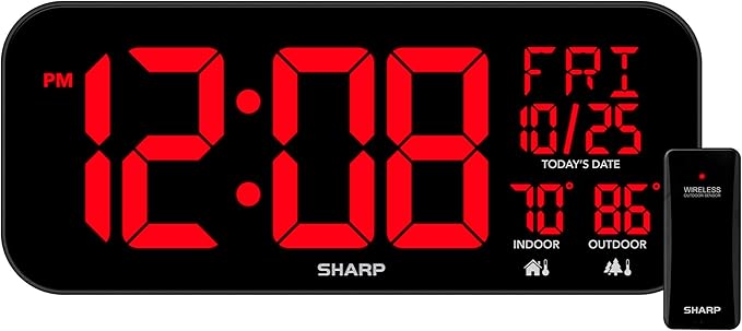 Sharp Large Oversized Screen LED Clock with Outdoor/Indoor Temperature with Outdoor Sensor, with Date and Day of Week – 14 inch Clock with 4 inch Digits