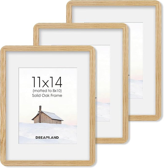 Dreamland 11x14 Picture Frame Set of 3, Solid Oak Wood Photo Frame with Mat for 8x10, Round Corner 11 x 14 Matted Picture Frames with Resistant Plexiglass for Wall Mounting or Tabletop, Oak Color