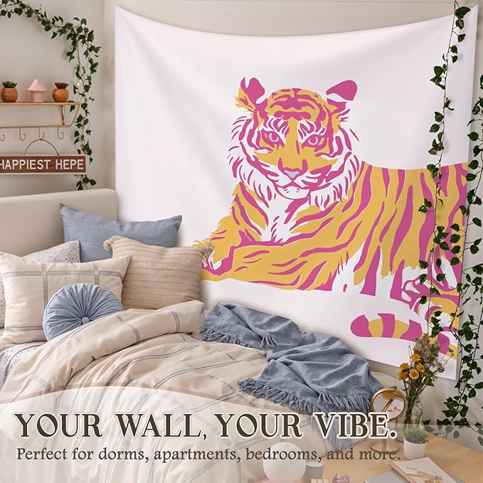STHTTSW Pink Tiger Dorm Tapestry Aesthetic, Trendy Funky Preppy Tiger Tapestries, Pink and Orange Room Decor, Cute Girly Wall Hanging Decor for Teen Girl Women College Bedroom, 50x60 Inch