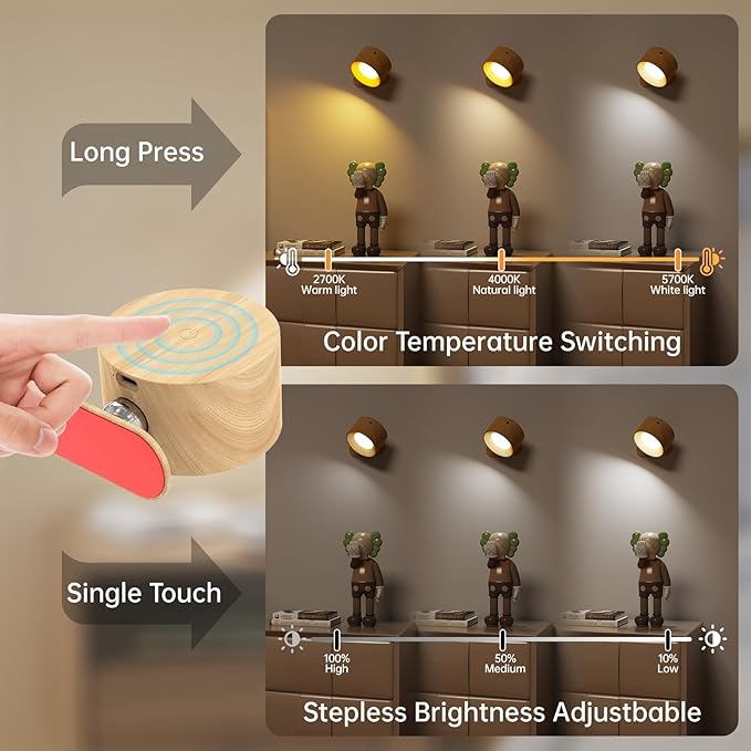 Romote LED Wall Sconce - Rechargeable Wall Light, 3 Colors & 3 Brightness Levels, 360° Magnetic Rotating Head, Bedside Reading Lamp, Easy Install Battery Operated Lamp Wood Pack of 3