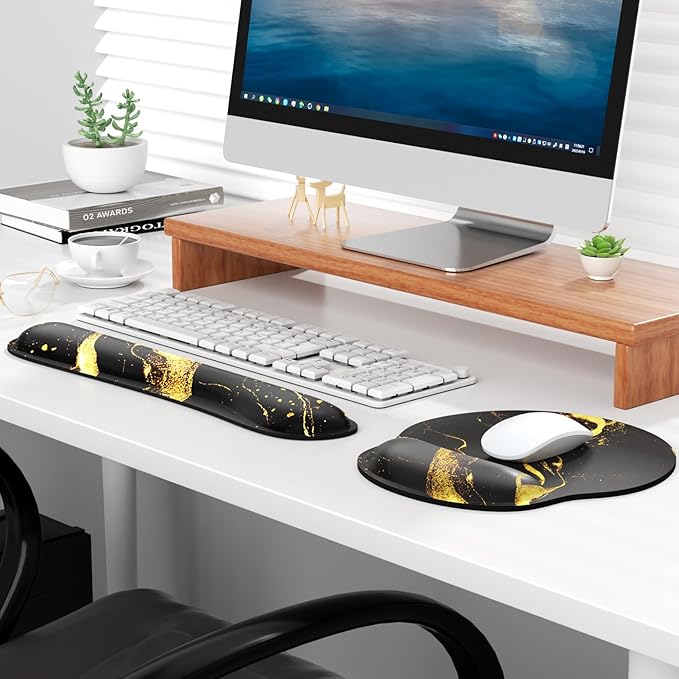 KTRIO Ergonomic Keyboard Wrist Rest, Memory Foam Mouse Pad with Wrist Rest for Computer Keyboard, Mouse Pad Set for Easy Typing & Pain Relief for Office & Home, Black Gold