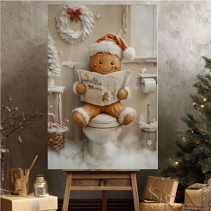Christmas Bathroom Canvas Painting Gingerbread Man Holiday Print Santa Hat Cookie Character Wall Art Vintage Rural Art Winter print Indoor Decor for Bathroom Living Room Funny Framed Ready to Hang