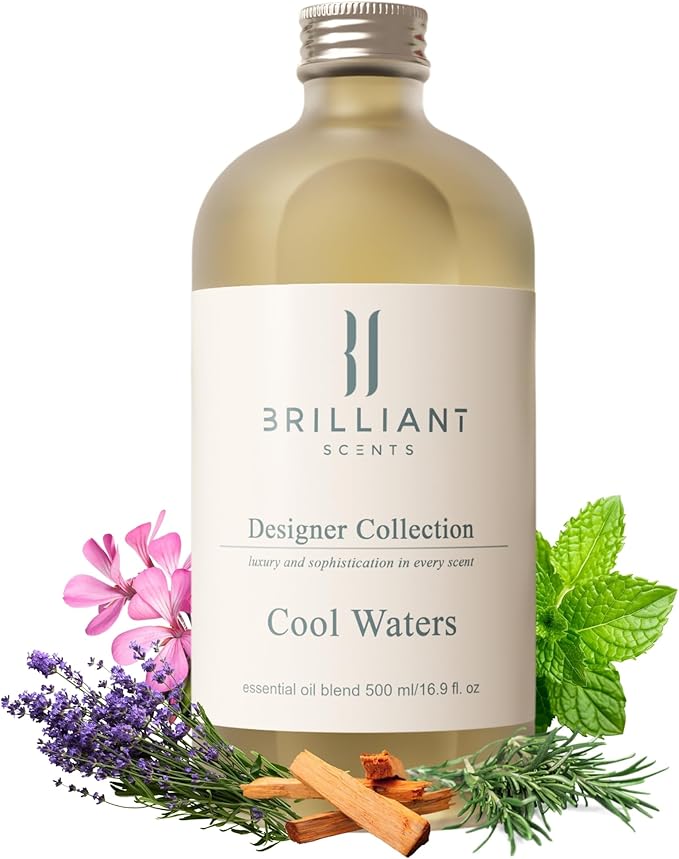 Brilliant Scents Cool Waters Fragrance Oil 500ml - Premium Diffuser Oil for Home, Office, Hotels - Long Lasting, Plant-Based, Meets IFRA Standards, USA-Made - Mint, Lavender, Tobacco